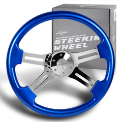 W-Power 457mm Blue Wood Grip 5-Hole Chrome 4-Spoke 18-Inch Steering Wheel + Horn