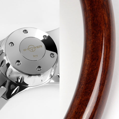 W-Power 457mm Dark Wood Grip 5-Hole Chrome 4-Spoke 18-Inch Steering Wheel + Horn