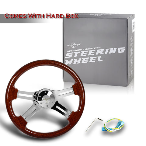 W-Power 457mm Dark Wood Grip 5-Hole Chrome 4-Spoke 18-Inch Steering Wheel + Horn