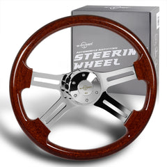 W-Power 457mm Dark Wood Grip 5-Hole Chrome 4-Spoke 18-Inch Steering Wheel + Horn