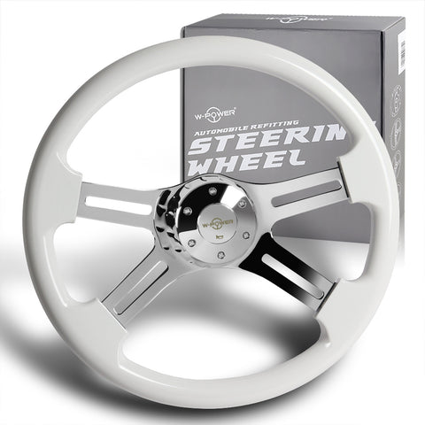 W-Power 457mm White Wood Grip 5-Hole Chrome 4-Spoke 18-Inch Steering Wheel +Horn