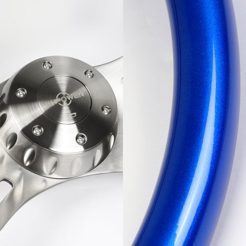 W-Power 457mm Blue Wood Grip 5-Hole Billet 4-Spoke 18-Inch Steering Wheel + Horn