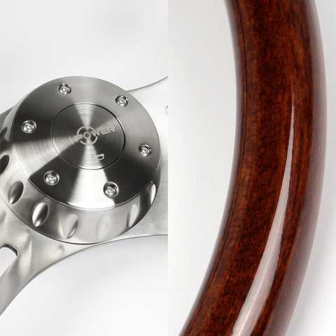W-Power 457mm Dark Wood Grip 5-Hole Billet 4-Spoke 18-Inch Steering Wheel + Horn