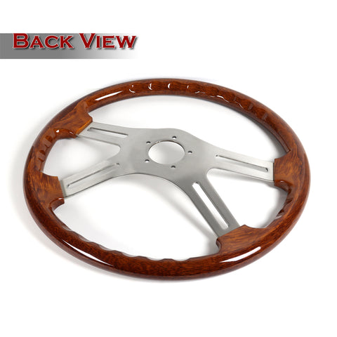 W-Power 457mm Dark Wood Grip 5-Hole Billet 4-Spoke 18-Inch Steering Wheel + Horn