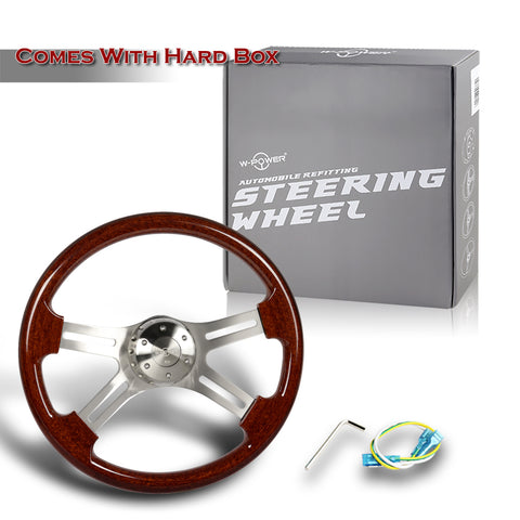 W-Power 457mm Dark Wood Grip 5-Hole Billet 4-Spoke 18-Inch Steering Wheel + Horn