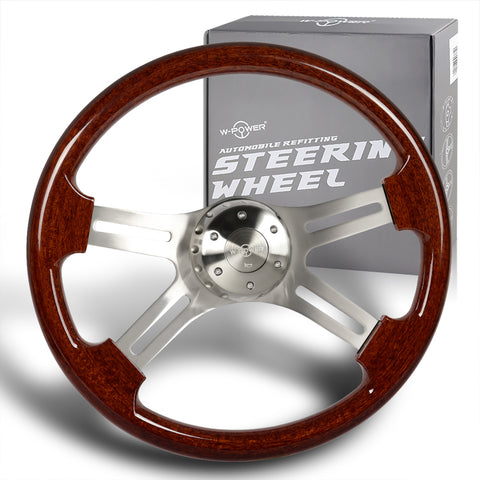 W-Power 457mm Dark Wood Grip 5-Hole Billet 4-Spoke 18-Inch Steering Wheel + Horn