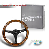 W-Power 350MM Classic Dark Wood Grip 6-Holes Black Spoke 14-Inch Steering Wheel