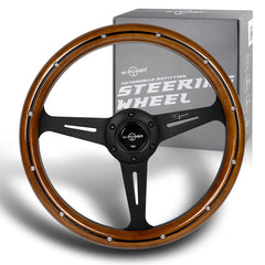 W-Power 350MM Classic Dark Wood Grip 6-Holes Black Spoke 14-Inch Steering Wheel