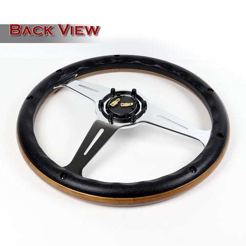 W-Power 350MM Classic Dark Wood Grip 6-Holes Chrome Spoke 14-Inch Steering Wheel