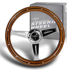 W-Power 350MM Classic Dark Wood Grip 6-Holes Chrome Spoke 14-Inch Steering Wheel
