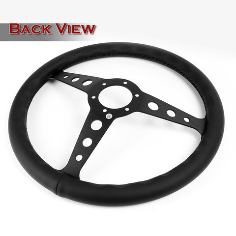 W-Power 14" Black Leather Black Stitch 6-Hole Spoke Black Center Steering Wheel