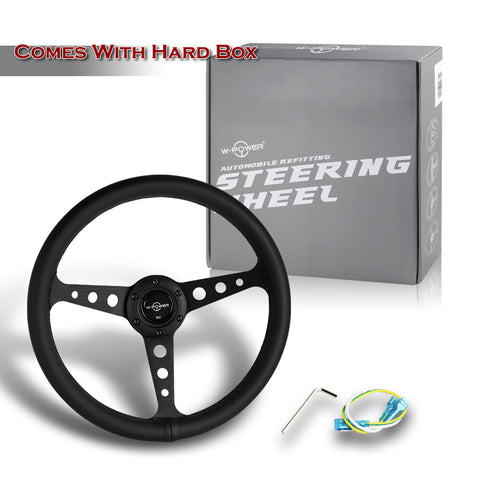 W-Power 14" Black Leather Black Stitch 6-Hole Spoke Black Center Steering Wheel