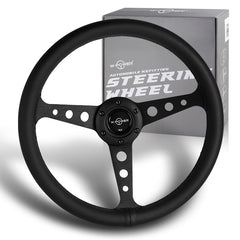 W-Power 14" Black Leather Black Stitch 6-Hole Spoke Black Center Steering Wheel