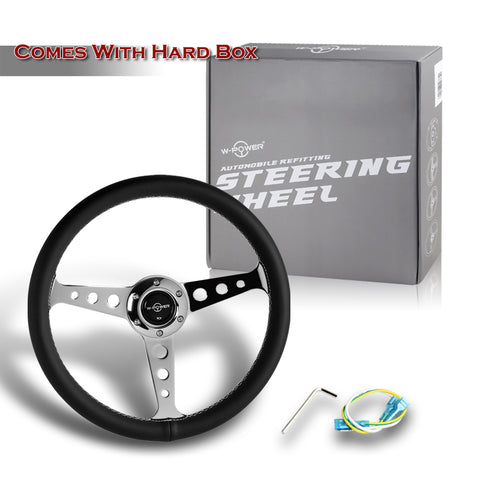 W-Power 14" Black Leather White Stitch 6-Hole Spoke Chrome Center Steering Wheel