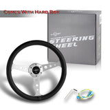 W-Power 14" Black Leather White Stitch 6-Hole Spoke Silver Center Steering Wheel