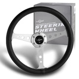 W-Power 14" Black Leather White Stitch 6-Hole Spoke Silver Center Steering Wheel