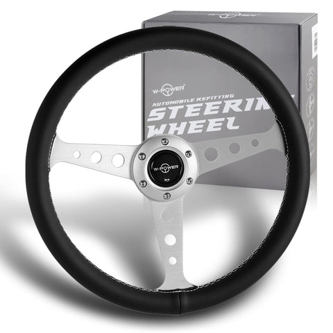 W-Power 14" Black Leather White Stitch 6-Hole Spoke Silver Center Steering Wheel
