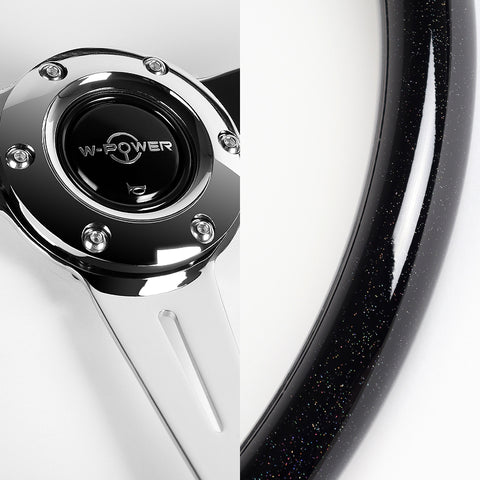 W-Power 14" Black Galaxy Colored Wood 6-Hole Spoke Chrome Center Steering Wheel