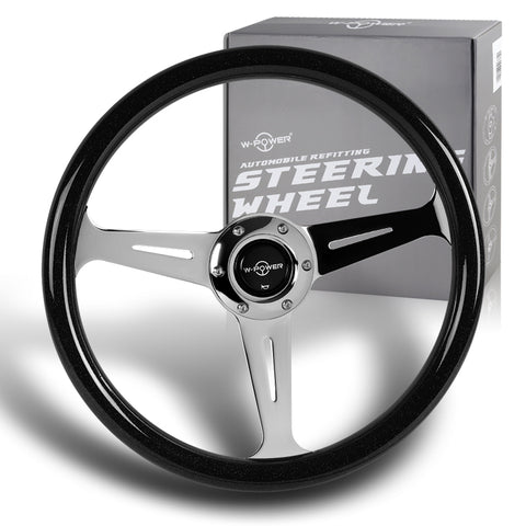 W-Power 14" Black Galaxy Colored Wood 6-Hole Spoke Chrome Center Steering Wheel