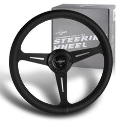 W-Power 14" Black Leather Black Stitch 6-Hole Spoke Black Center Steering Wheel