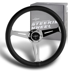 W-Power 14" Black Leather White Stitch 6-Hole Spoke Chrome Center Steering Wheel