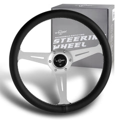 W-Power 14" Black Leather White Stitch 6-Hole Spoke Silver Center Steering Wheel