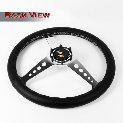 W-Power 350MM Black Leather White Stitch 6-Hole Chrome Spoke 14" Steering Wheel