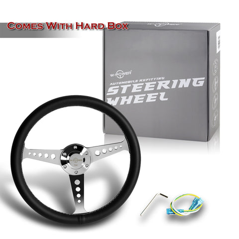 W-Power 350MM Black Leather White Stitch 6-Hole Chrome Spoke 14" Steering Wheel