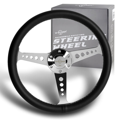 W-Power 350MM Black Leather White Stitch 6-Hole Chrome Spoke 14" Steering Wheel