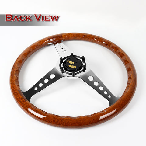 W-Power 350MM Classic Brown Wood Grain 6-Hole Chrome Spoke 14" Steering Wheel