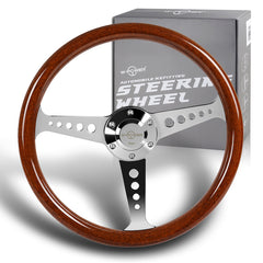 W-Power 350MM Classic Brown Wood Grain 6-Hole Chrome Spoke 14" Steering Wheel