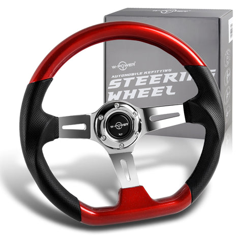W-Power 13.5" Pearl Red Wood Grip 6-Hole Chrome 3-Spoke Vintage Steering Wheel