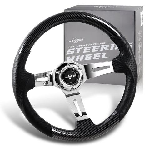 W-Power 13.5" Carbon Fiber Look Grip 6-Hole Chrome 3-Spoke Racing Steering Wheel