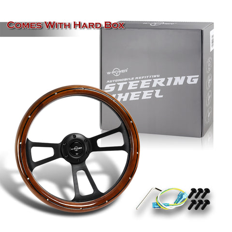 W-Power 343MM 13.5" Dark Wood Grip 6-Hole Black 3-Spoke Vintage Steering Wheel