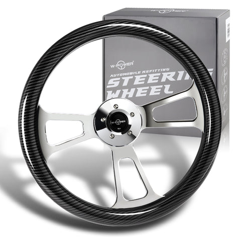 W-Power 18" Carbon Fiber Look Grip 5-Hole Chrome 3-Spoke Vintage Steering Wheel