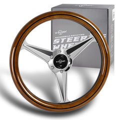 W-Power 14" Classic Wood Grain 6-Hole Chrome 3-Spoke Center 350MM Steering Wheel