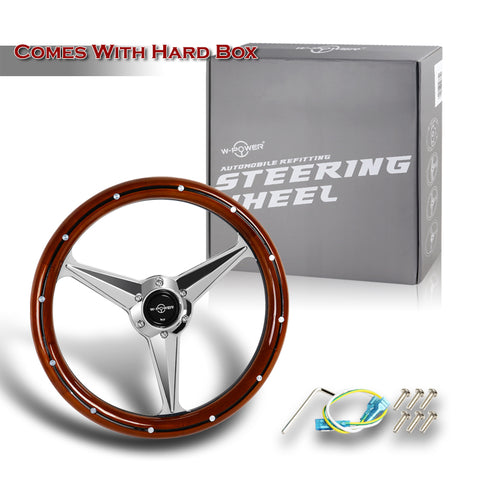 W-Power 14" Real Dark Wood Mahogany Grain Chrome 3-Spoke 350MM Steering Wheel