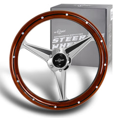 W-Power 14" Real Dark Wood Mahogany Grain Chrome 3-Spoke 350MM Steering Wheel