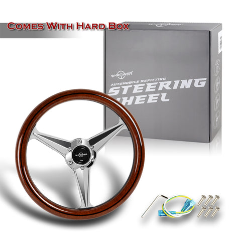 W-Power 14" Classic Dark Wood Mahogany Grip Chrome 3-Spoke 350MM Steering Wheel