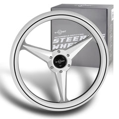 W-Power 14" White Wood Grain 6-Hole Chrome 3-Spoke Center 350MM Steering Wheel