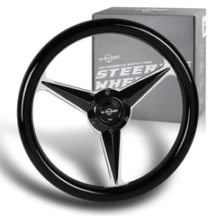 W-Power 14" Black Wood Grain 6-Hole Chrome 3-Spoke Center 350MM Steering Wheel