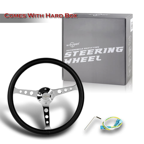 W-Power 380MM Black Leather White Stitch Chrome Spoke 15-Inch Steering Wheel