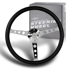 W-Power 380MM Black Leather White Stitch Chrome Spoke 15-Inch Steering Wheel