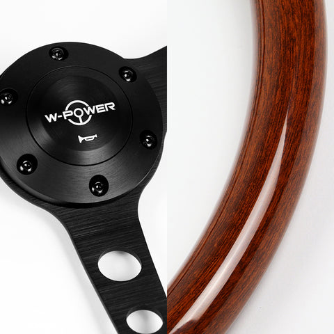 W-Power 380MM Brown Wood Grain 6-Holes Matt Black Spoke 15-Inch Steering Wheel