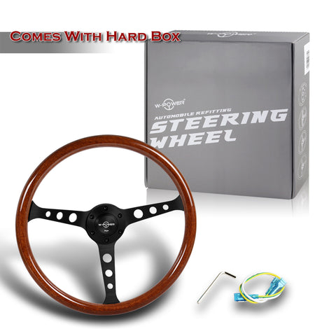 W-Power 380MM Brown Wood Grain 6-Holes Matt Black Spoke 15-Inch Steering Wheel