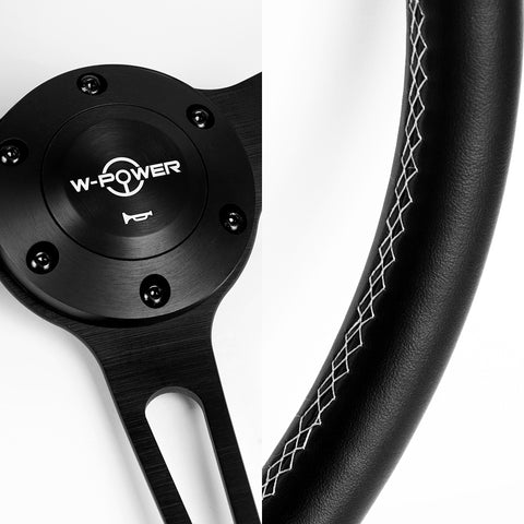 W-Power 380MM Black Leather White Stitch Matt Black Spoke 15-Inch Steering Wheel
