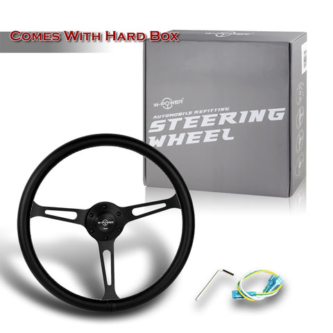 W-Power 380MM Black Leather White Stitch Matt Black Spoke 15-Inch Steering Wheel