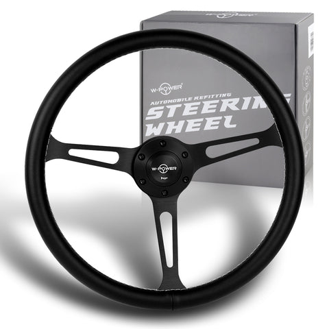 W-Power 380MM Black Leather White Stitch Matt Black Spoke 15-Inch Steering Wheel