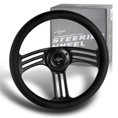 W-Power 350MM 14" Black Leather Grip 6-Hole Black Spoke Vintage Steering Wheel
