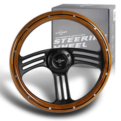 W-Power 350MM Dark Wood Grip 6-Hole Black 3-Spoke Vintage 14 Inch Steering Wheel